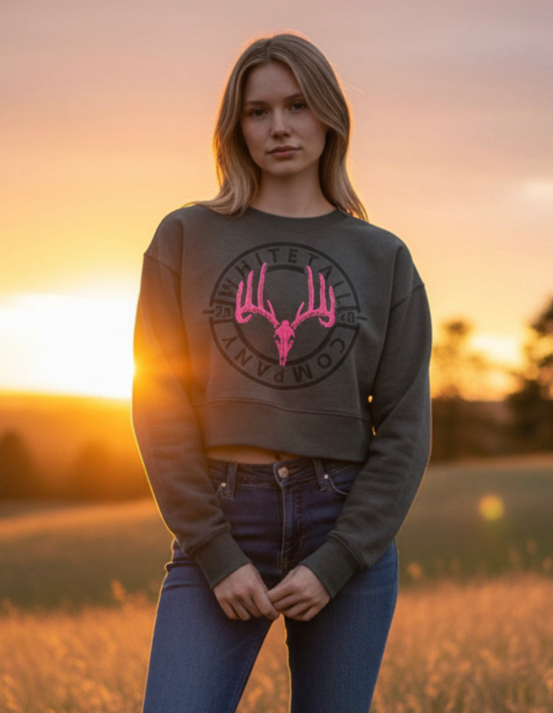 Whitetail Co. Pink Skull Crop Sweatshirt