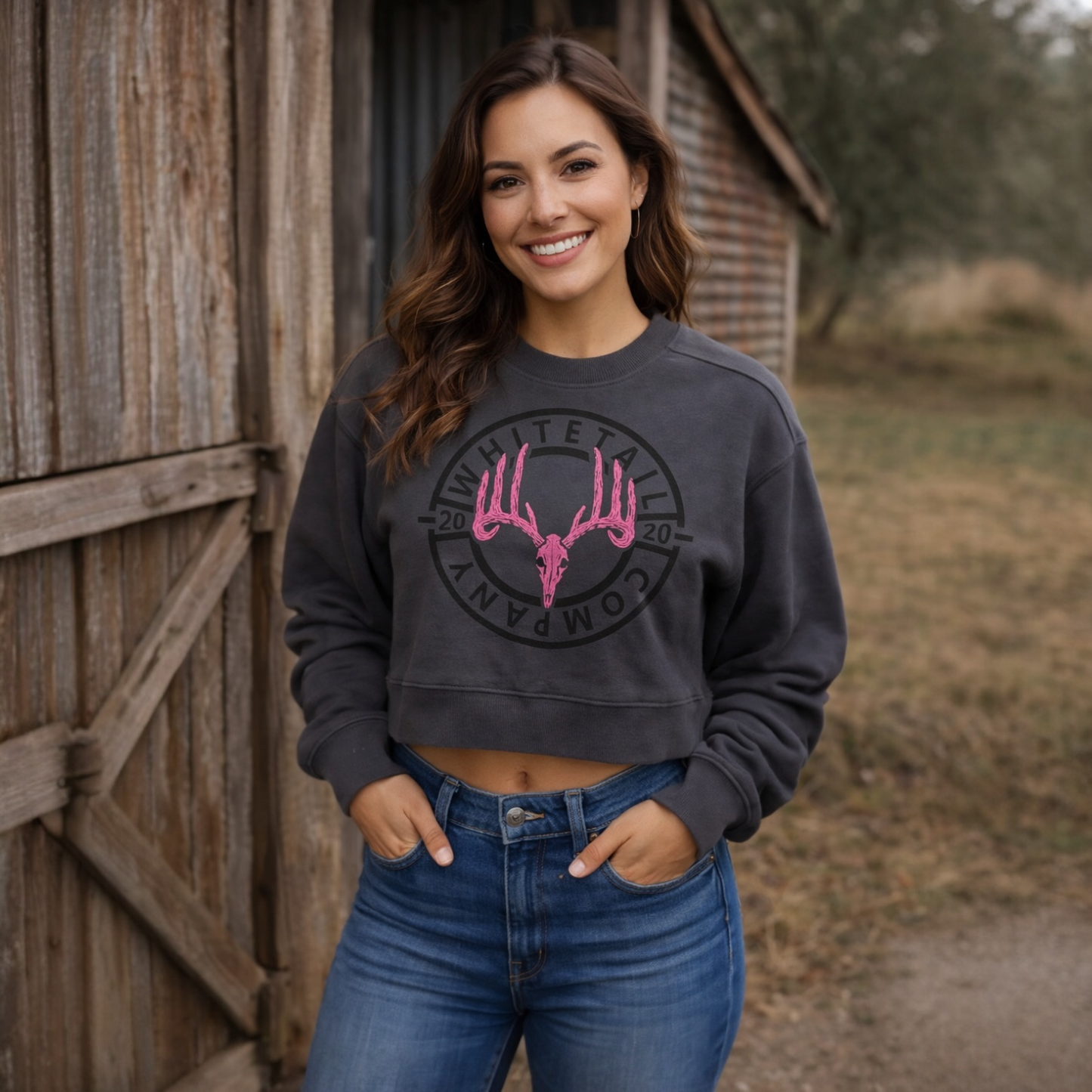 Whitetail Co. Pink Skull Crop Sweatshirt